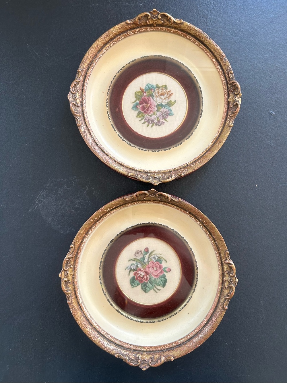 Vtg Pair of Round Framed Floral Needlepoint